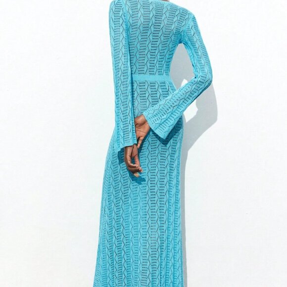 Blue Elegant Women's Season Hollow-Out Crochet Knit Dress - Picture 6 of 8